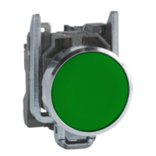 Buton incastrat, complet, verde ,Ø22, cu revenire, cu arc, 1NO ,”nemarcat” ,XB4BA31